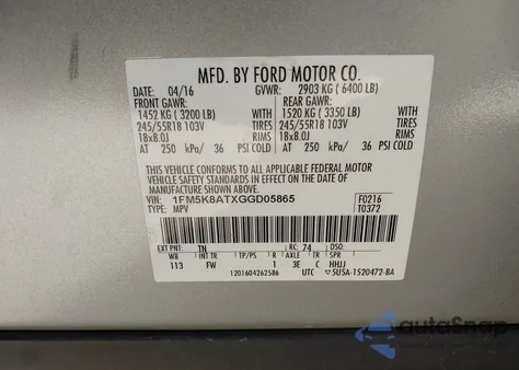 2016 Ford Police Interceptor из США, поврежденный, VIN 1FM5K8ATXGGD05865